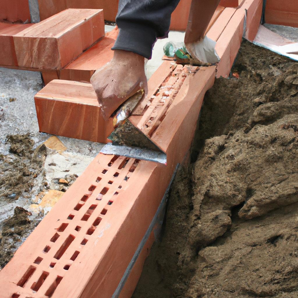 Person laying bricks at construction site