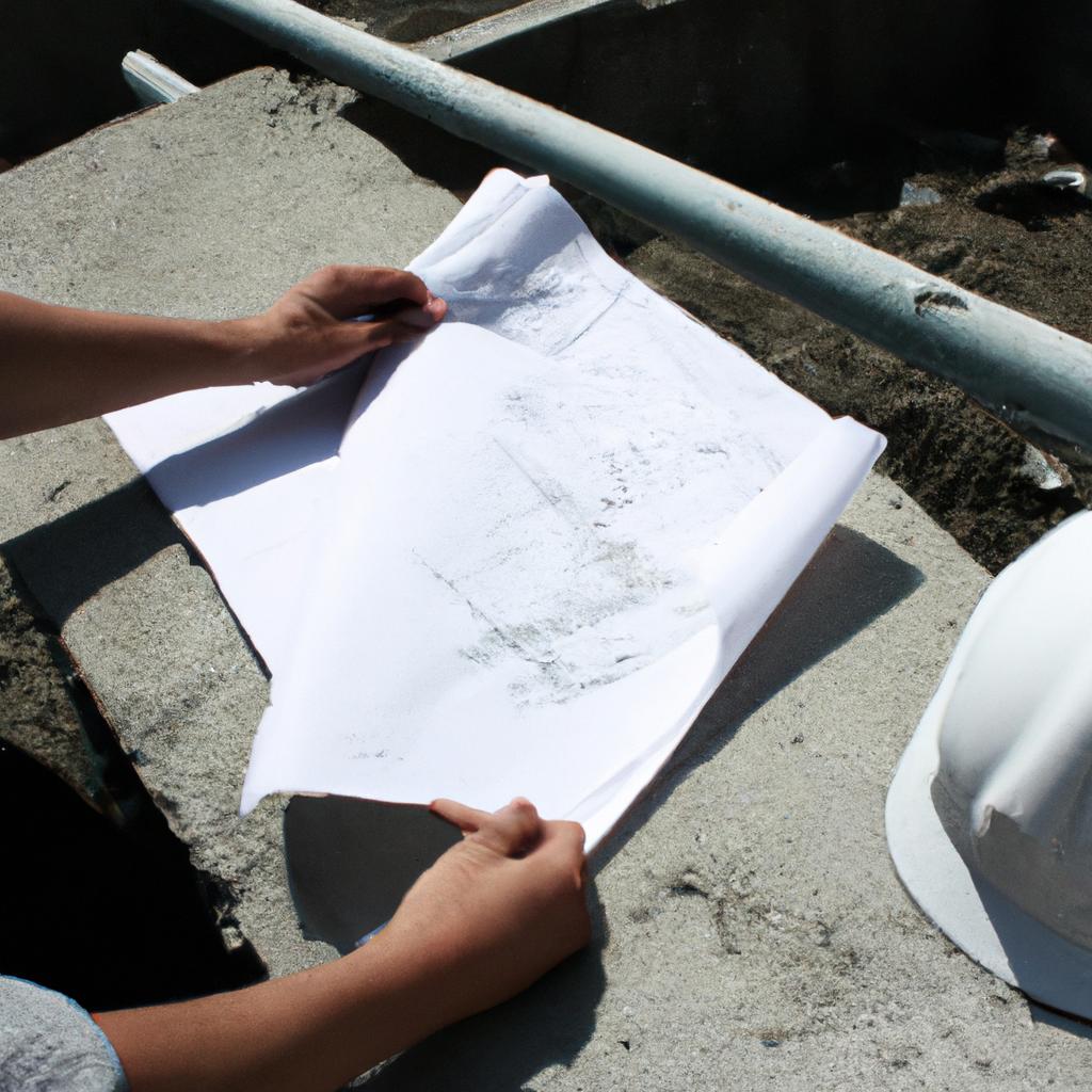 Person holding blueprint, examining concrete