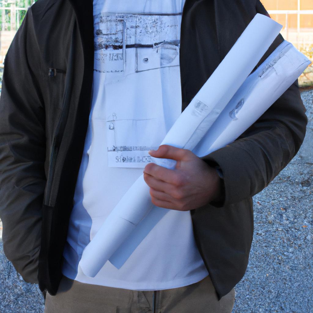 Person holding blueprints at construction site