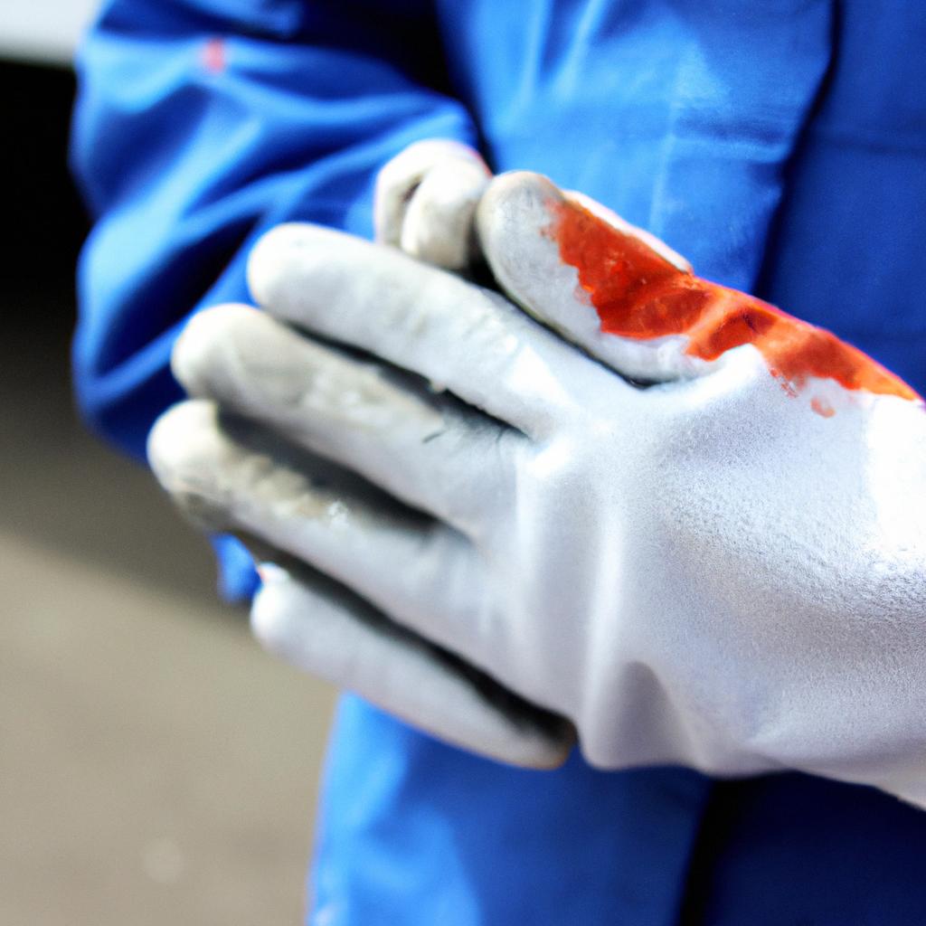 Person wearing safety gloves, working